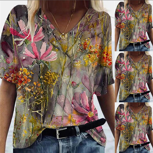 Women's Floral V-Neck Short Sleeve Top - Loose Fit Cotton Tee