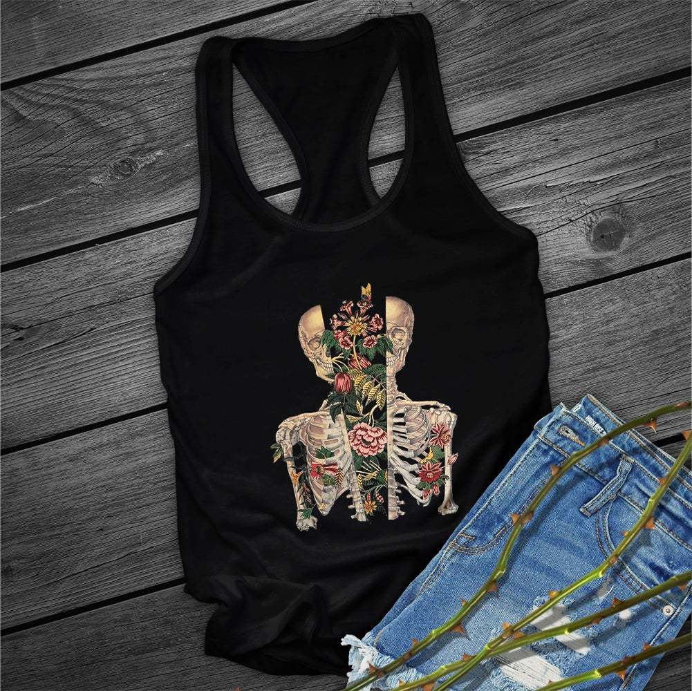 Floral Skull Sleeveless Tank Top - Edgy Boho Graphic Vest