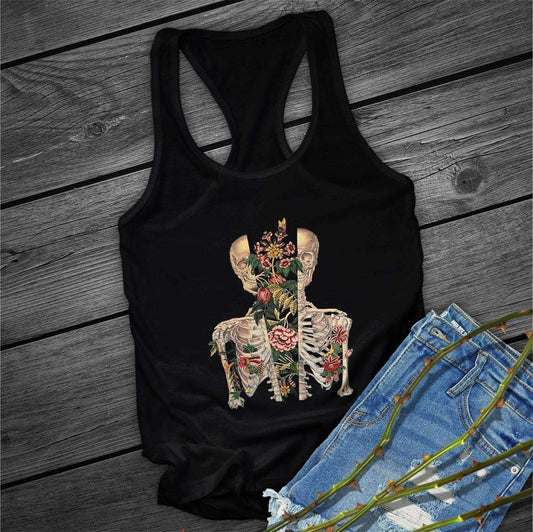 Floral Skull Sleeveless Tank Top - Edgy Boho Graphic Vest