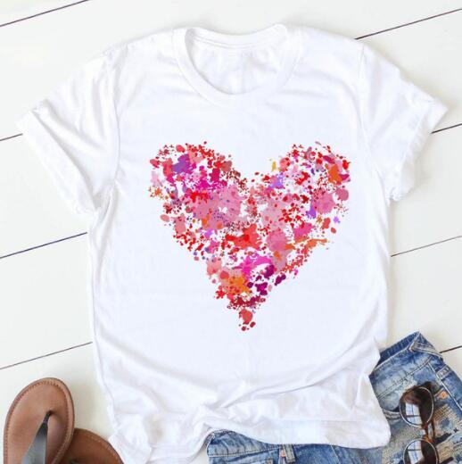 Women's Heart & Flower Print Short Sleeve T-Shirt - Casual Graphic Tee