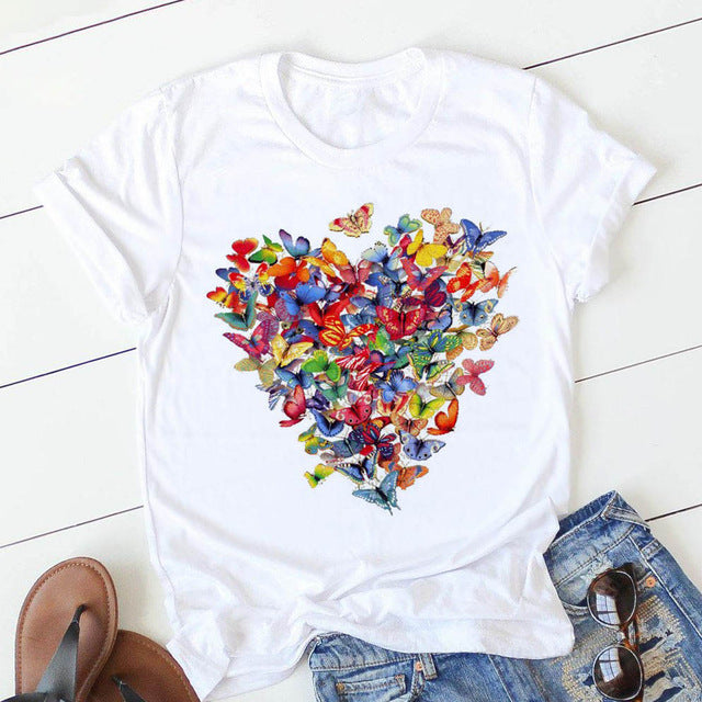 Women's Heart & Flower Print Short Sleeve T-Shirt - Casual Graphic Tee