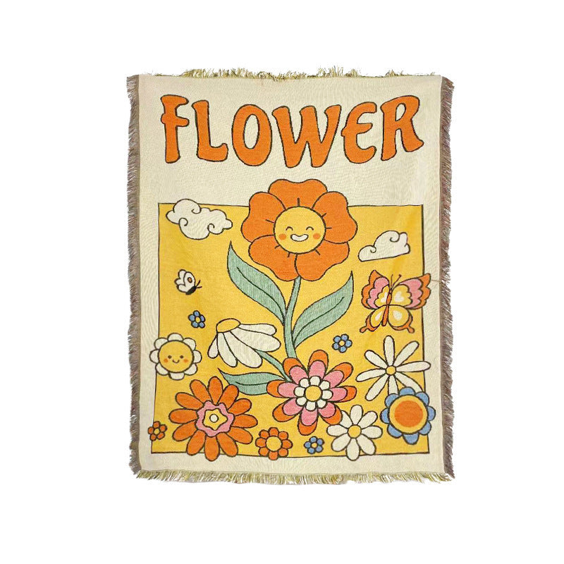 Boho Retro Woven Blanket - 70s Flower & Space Pattern Throw | Picnic, Camping, or Home Decor