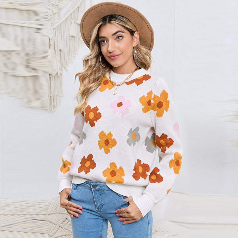 Retro Floral Print Knit Pullover Sweater - Women's Long Sleeve Top