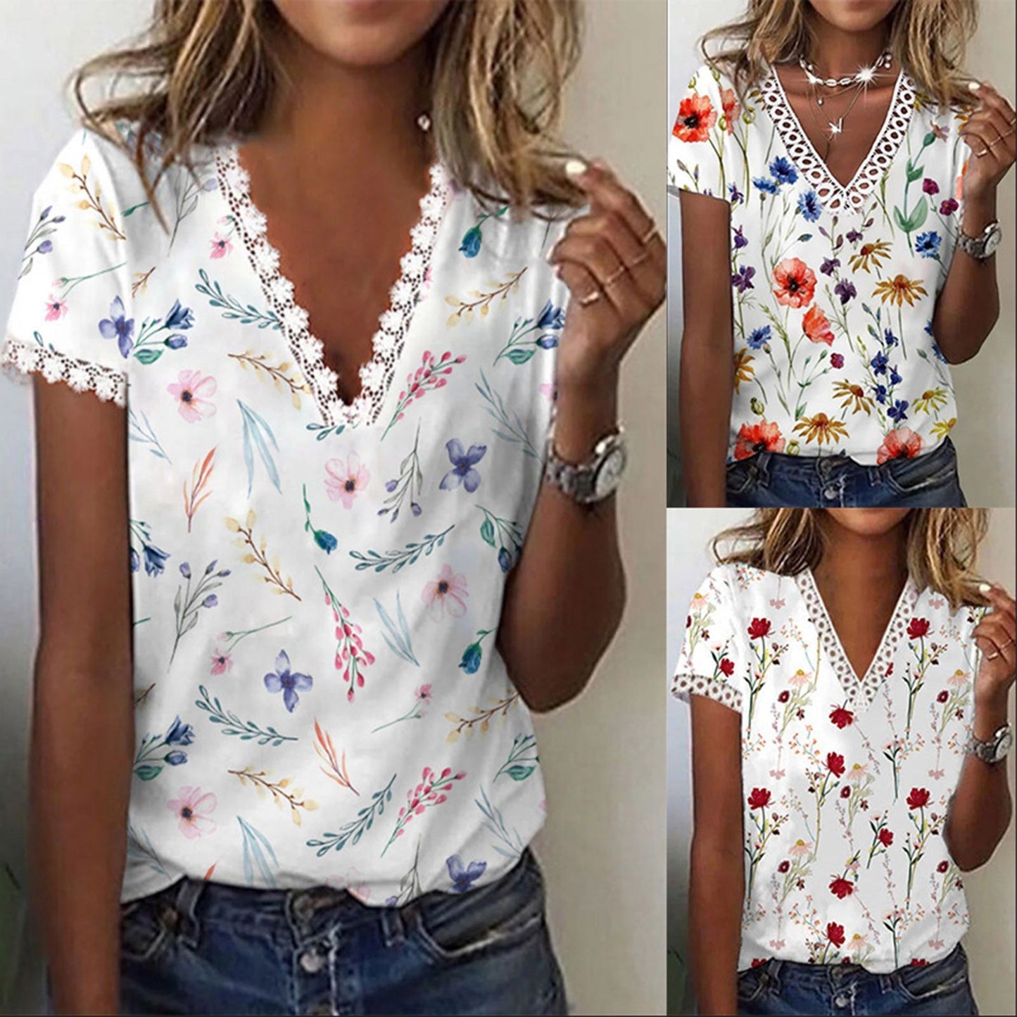 Floral Cotton V-Neck Lace Trim Blouse - Casual Summer Top