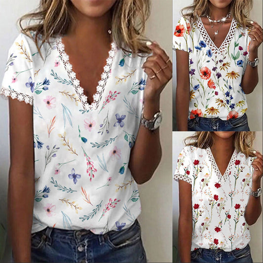 Floral Cotton V-Neck Lace Trim Blouse - Casual Summer Top