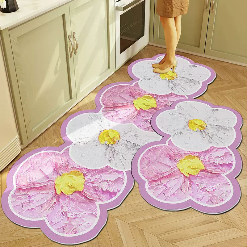 Non-Slip Flower Kitchen Floor Mat - Colorful PVC Washable Rug