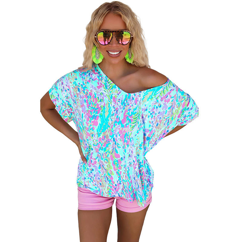 Women's Abstract Floral Print V-Neck T-Shirt - Loose Casual Summer Top