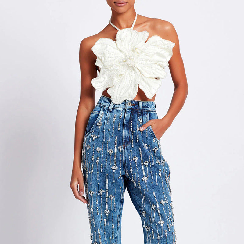 Beaded Flower Tube Top - Pearl Embellished Strapless Statement Top