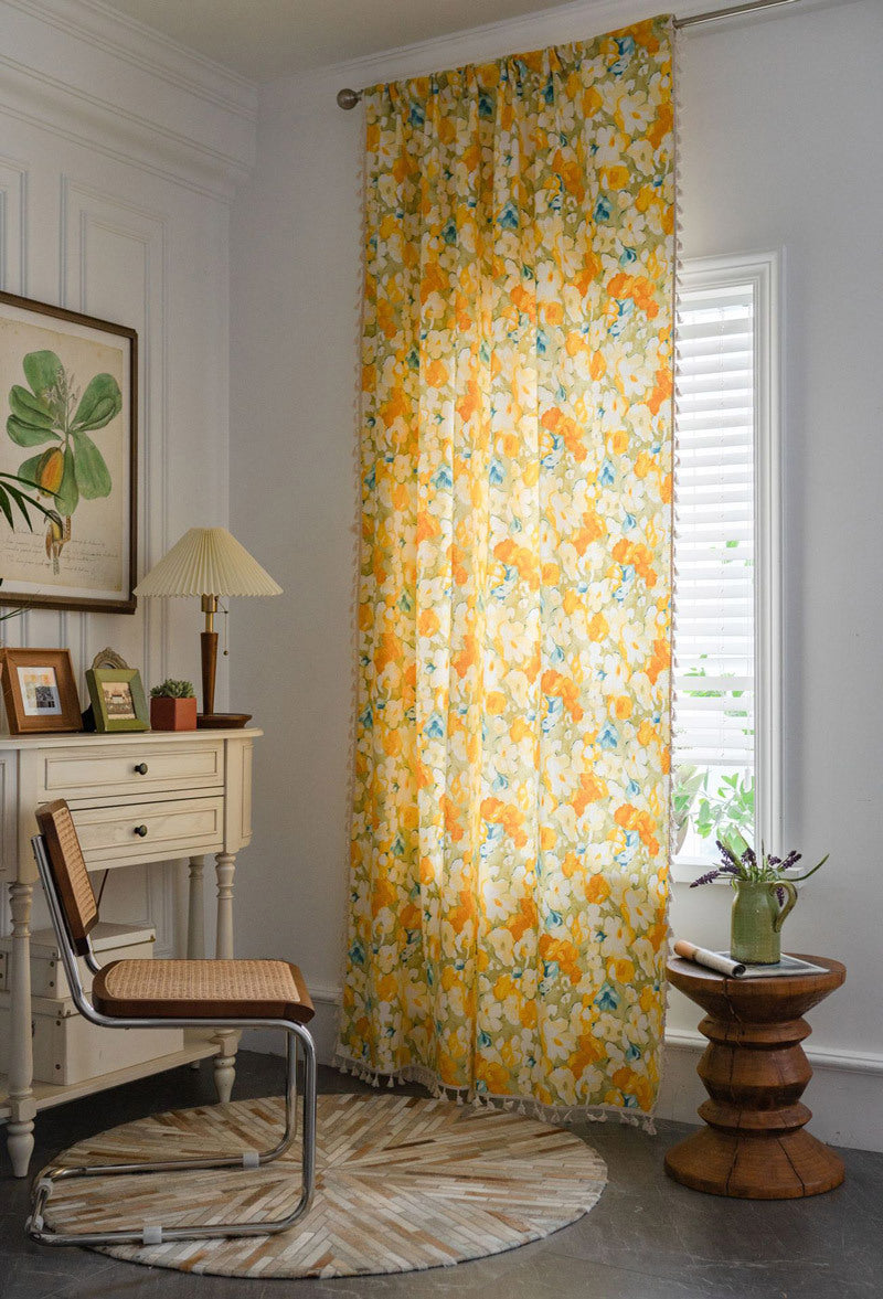 Floral Garden Print Cotton Curtains - Semi-Sheer Light Filtering Panels