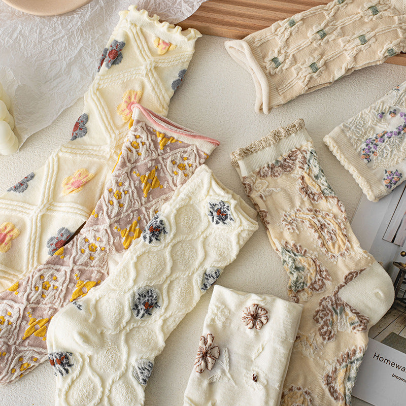 7-Pair Set - Women's Vintage Floral Lace Socks, Sheer Embroidered Dress Socks