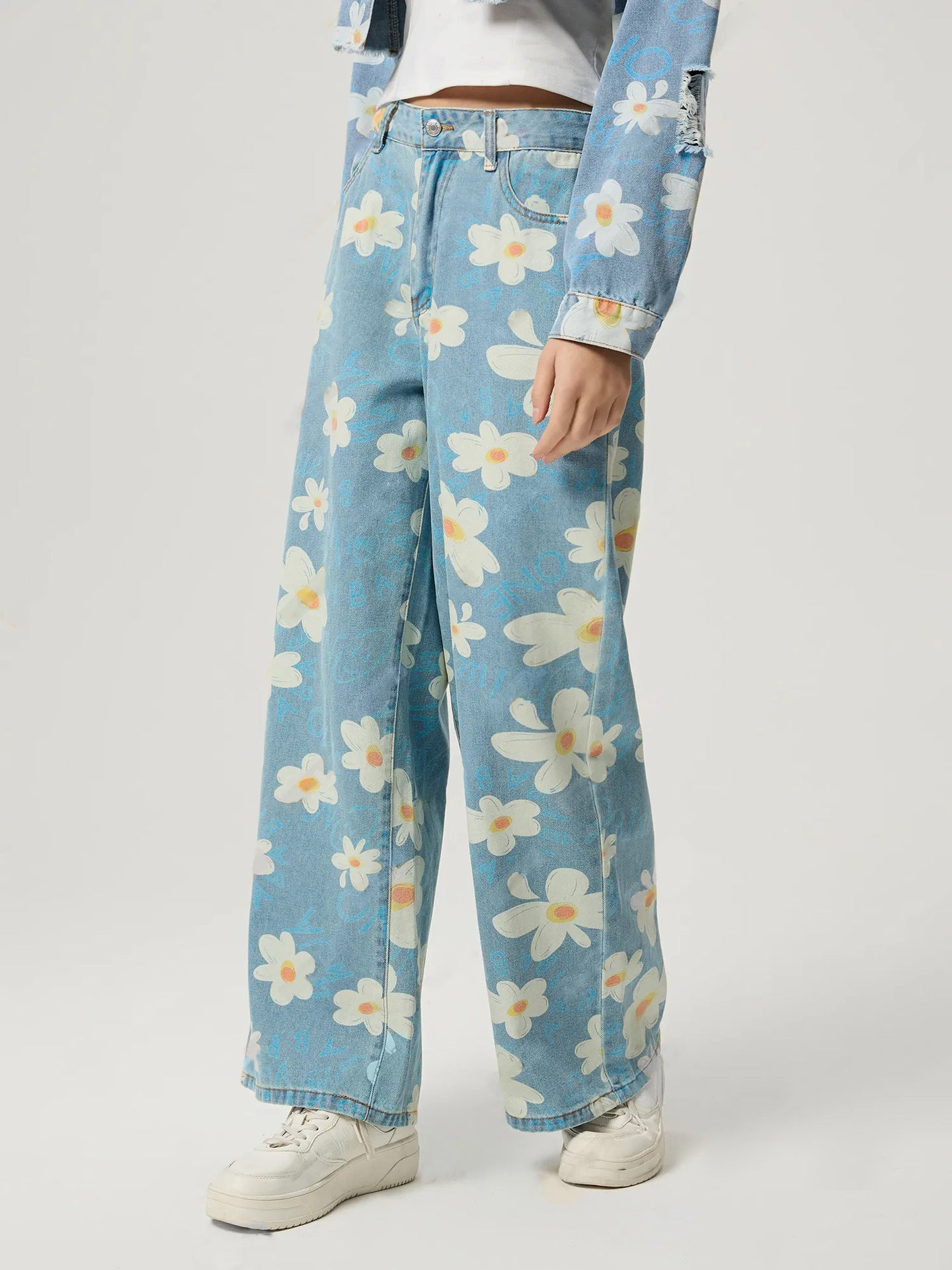 Vintage Daisy Flower Print Straight-Leg Jeans for Women