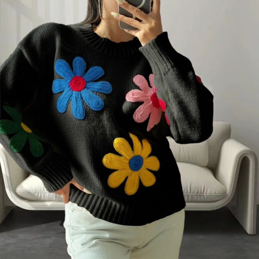 Colorful Flower Embroidered Pullover Sweater - Women's Street Style Knit