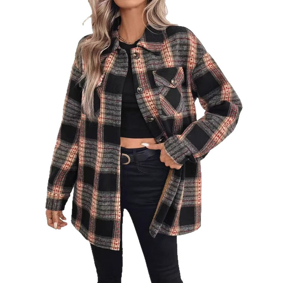 Women's Black Plaid Shacket - Plush Button-Up Long Sleeve Shirt Jacket