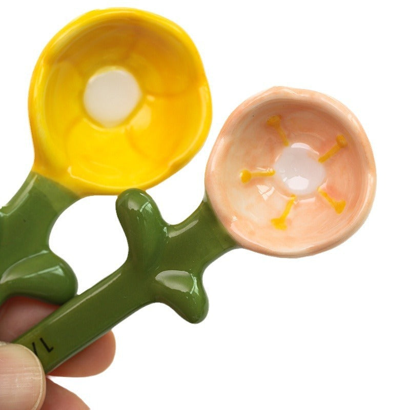 Ceramic Flower Measuring Spoon Set with Pot Holder - 4-Piece Decorative Kitchen Utensils