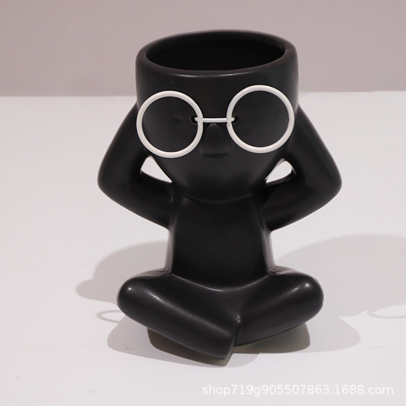 Quirky Ceramic Figure Flower Pots with Glasses - Cartoon Planters