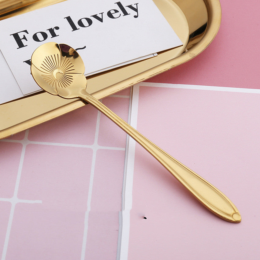 8-Piece Gold-Plated Flower Coffee Spoon Set - Stainless Steel Teaspoons