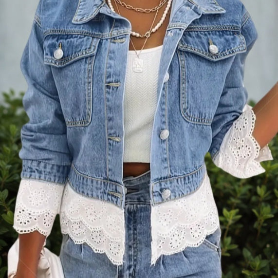 Women's Lace Trim Denim Jacket - Cropped Jean Jacket with Feminine Edge