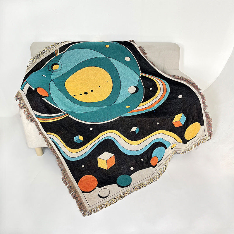 Boho Retro Woven Blanket - 70s Flower & Space Pattern Throw | Picnic, Camping, or Home Decor