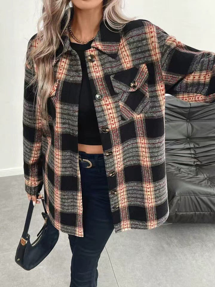 Women's Black Plaid Shacket - Plush Button-Up Long Sleeve Shirt Jacket