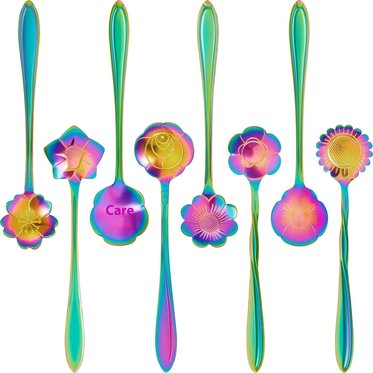 8-Piece Stainless Steel Flower Spoons - Coffee & Dessert Teaspoon Set (Gold, Silver, or Rainbow)