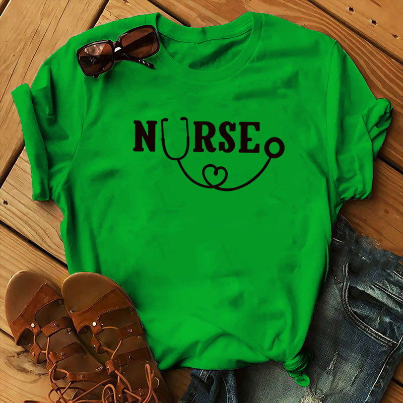 Nurse Graphic T-Shirt - Stethoscope Heart Print Short Sleeve