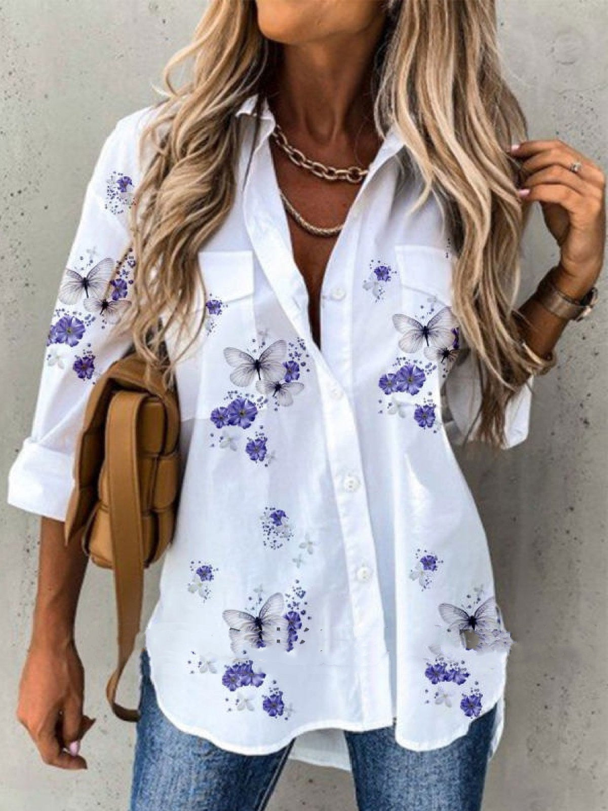 Women's Floral V-Neck Long Sleeve Blouse - Loose Fit Casual Shirt