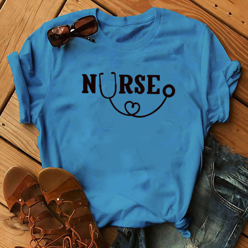 Nurse Graphic Tee - Stethoscope Heart Print Short Sleeve T-Shirt