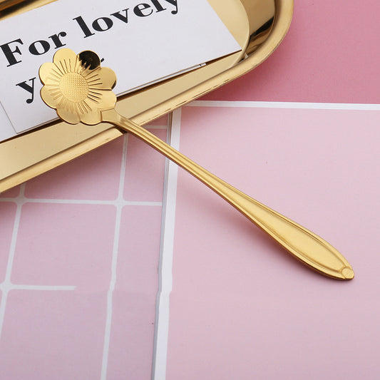 8-Piece Gold-Plated Flower Coffee Spoon Set - Stainless Steel Teaspoons