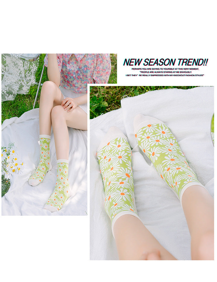 4-Pair Daisy Flower Cotton Socks - Women's Cute Casual Crew Set