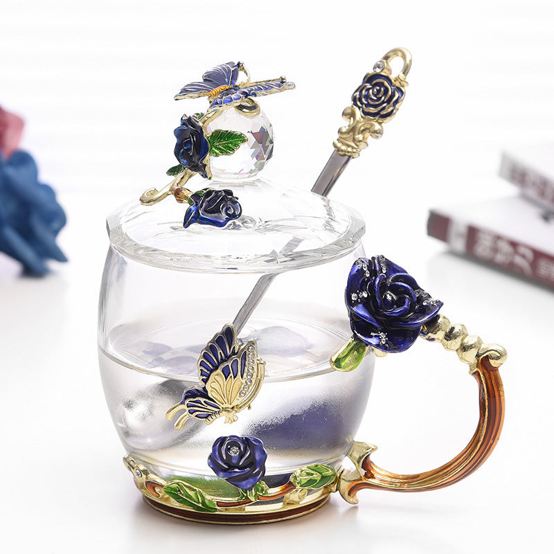 Luxury Enamel Flower Glass Teacup Set with Spoon - Gift Boxed Tea & Coffee Mug