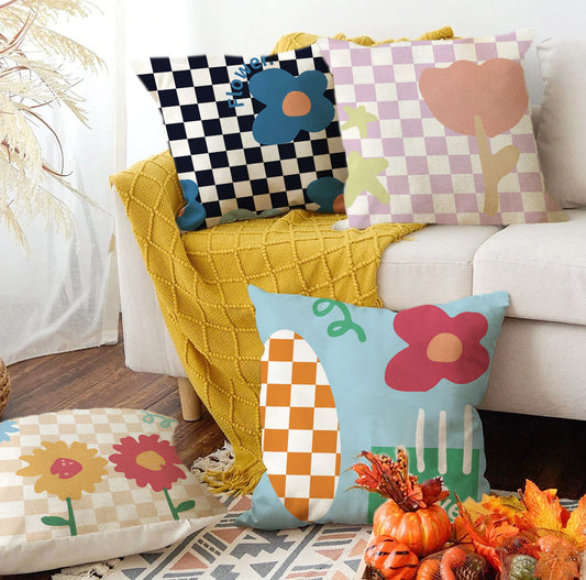 Checkerboard Flower Print Pillow Cover - Modern Colorful Cushion Case (45x45cm)