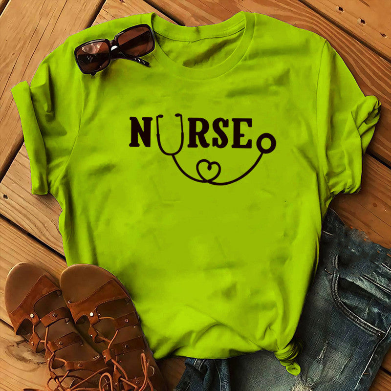 Nurse Graphic T-Shirt - Stethoscope Heart Print Short Sleeve
