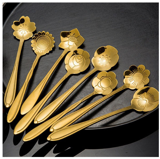 8-Piece Gold-Plated Flower Coffee Spoon Set - Stainless Steel Teaspoons