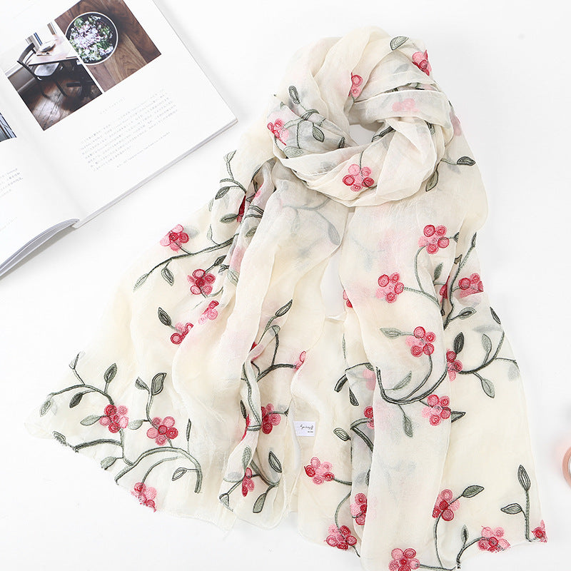 Embroidered Floral Chiffon Scarf - Lightweight Shawl & Wrap