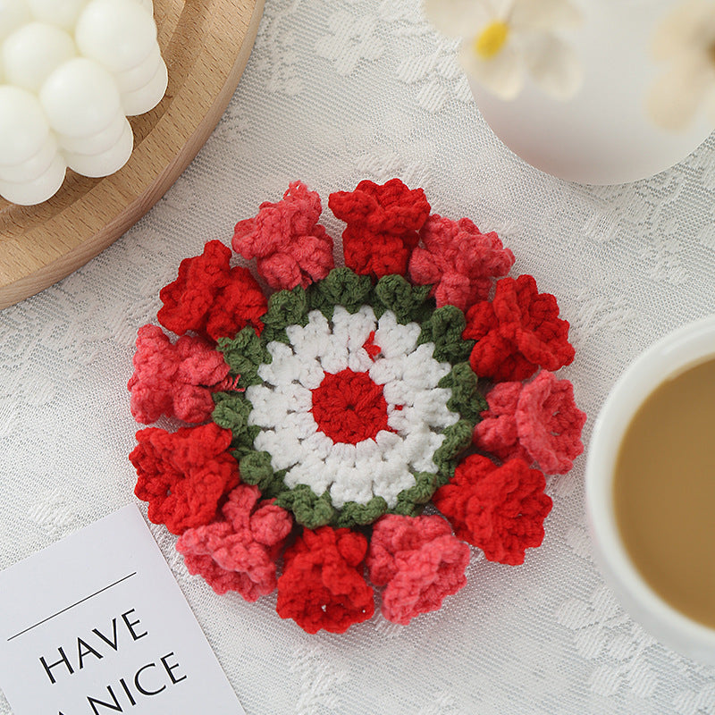 Handmade Knitted Flower Coaster - Colorful Woven Drink Mat