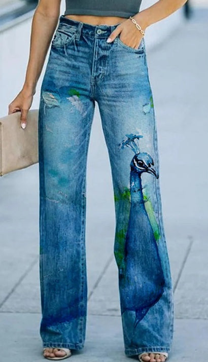 Peacock Print High-Rise Wide Leg Jeans -Retro Statement Denim