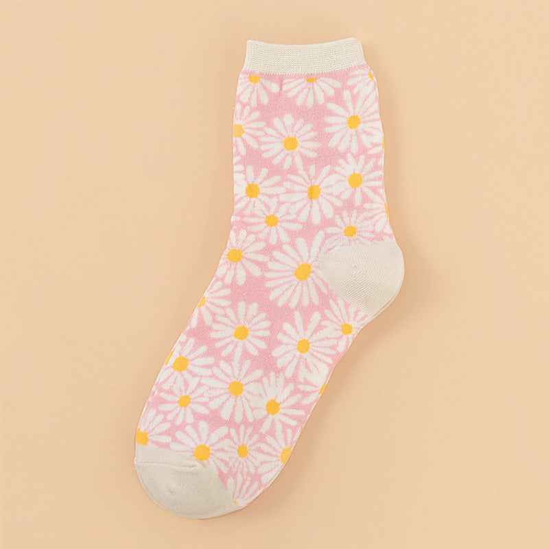 4-Pair Daisy Flower Cotton Socks - Women's Cute Casual Crew Set