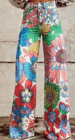 Retro Flower Power Wide Leg Pants - 70s Boho Festival Style