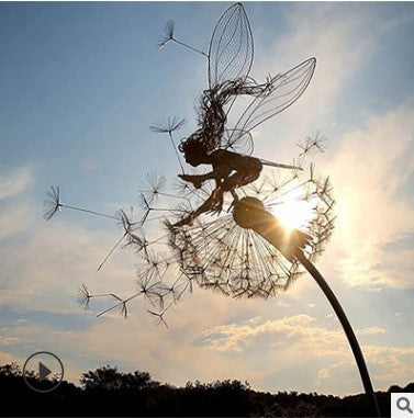 Metal Fairy Garden Sculpture - Dancing Elves with Dandelions