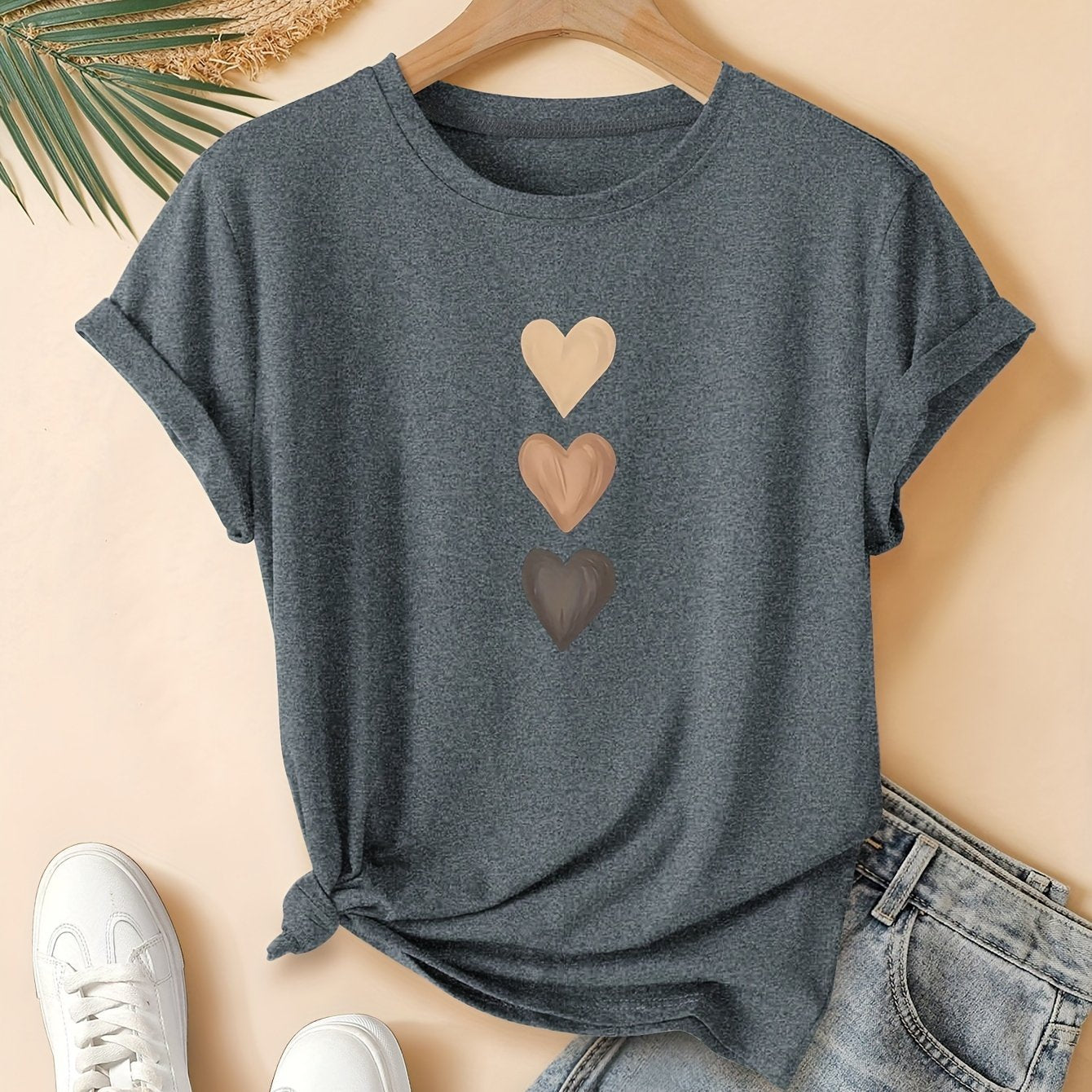 Three Heart Graphic Tee - Women's Casual Cotton Short Sleeve T-Shirt