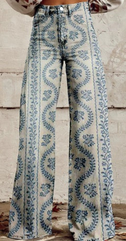 Blue Porcelain Floral Wide Leg Pants - Vintage Tile Print