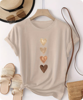 Gold Foil Heart Print Tee - Casual Short Sleeve T-Shirt
