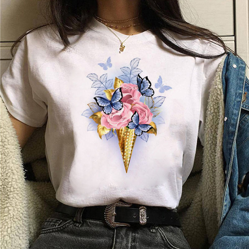 Butterfly & Floral Ice Cream Graphic Tee - Soft Modal Short Sleeve (S-3XL)