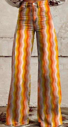 Retro Wavy Stripe Wide Leg Pants - 70s Inspired High Rise