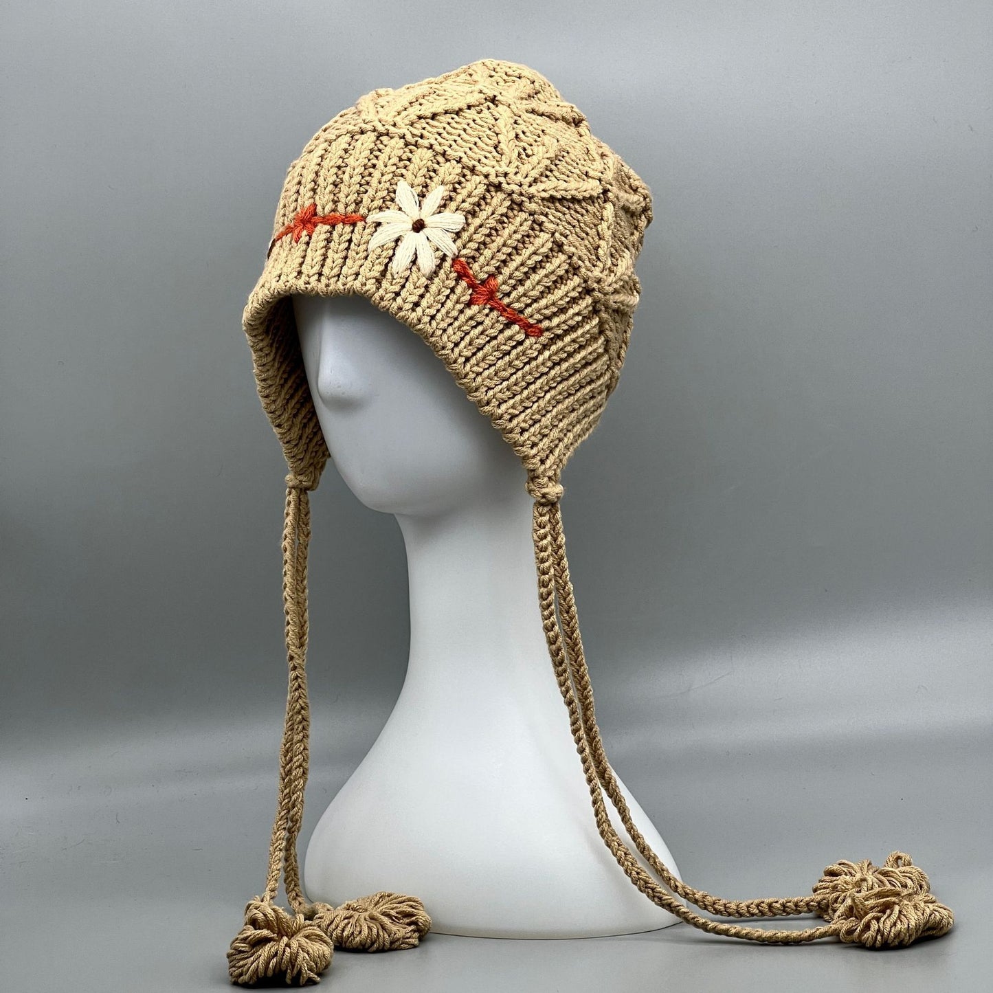 Handmade Knitted Winter Hat with Flower Accent - Women's Wool Beanie with Ear Flaps