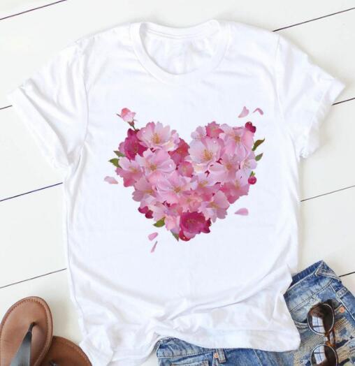 Women's Heart & Flower Print Short Sleeve T-Shirt - Casual Graphic Tee