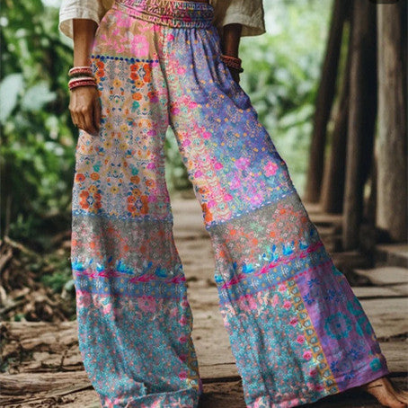 Boho Floral Wide-Leg Pants - Hippie Festival Style