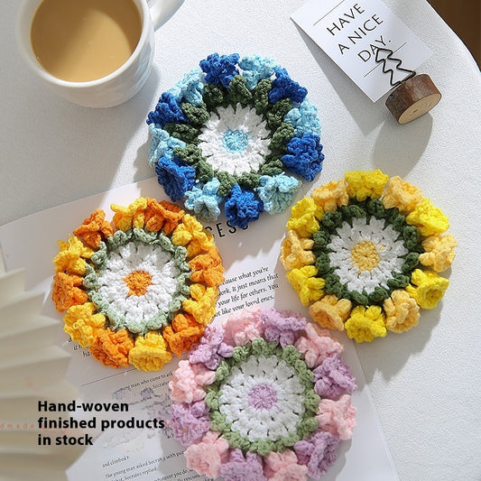 Handmade Knitted Flower Coaster - Colorful Woven Drink Mat