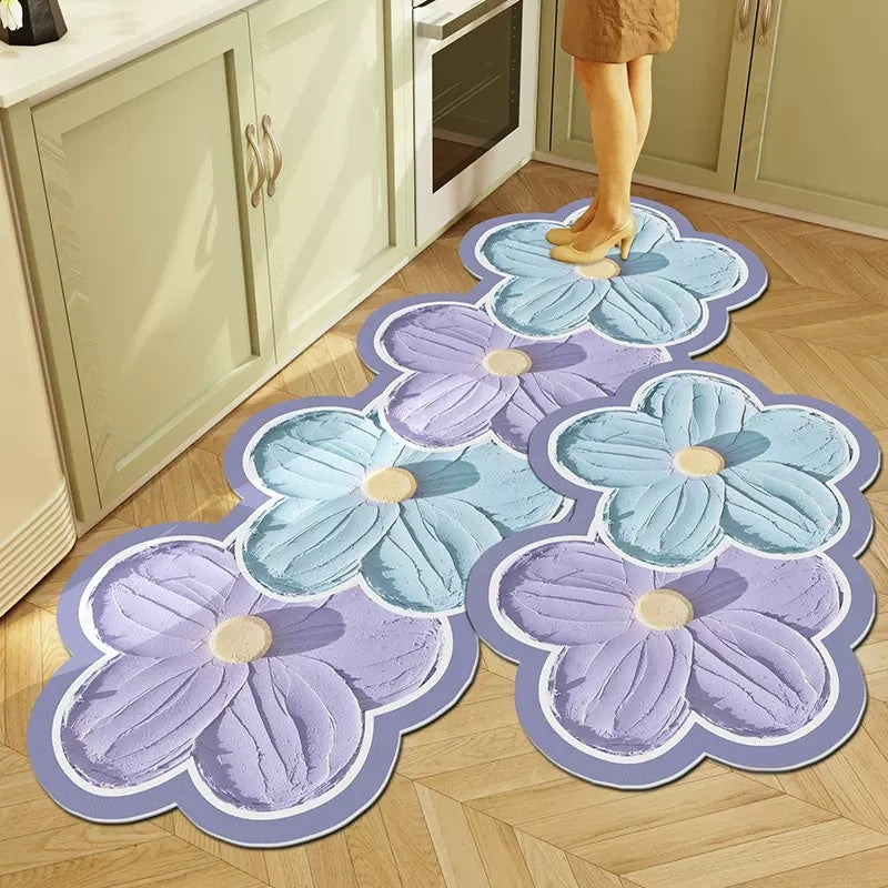 Non-Slip Flower Kitchen Floor Mat - Colorful PVC Washable Rug