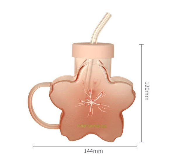 Pink Flower Glass Cup with Straw - Heat-Resistant 355ml Drinkware